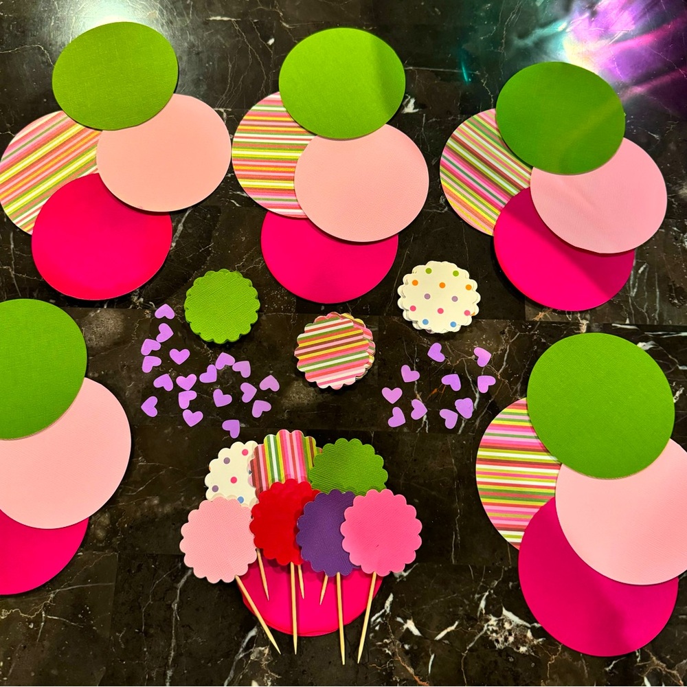 Paper Party Decorations - Large, Medium, Small Confetti and Cupcake Toppers.